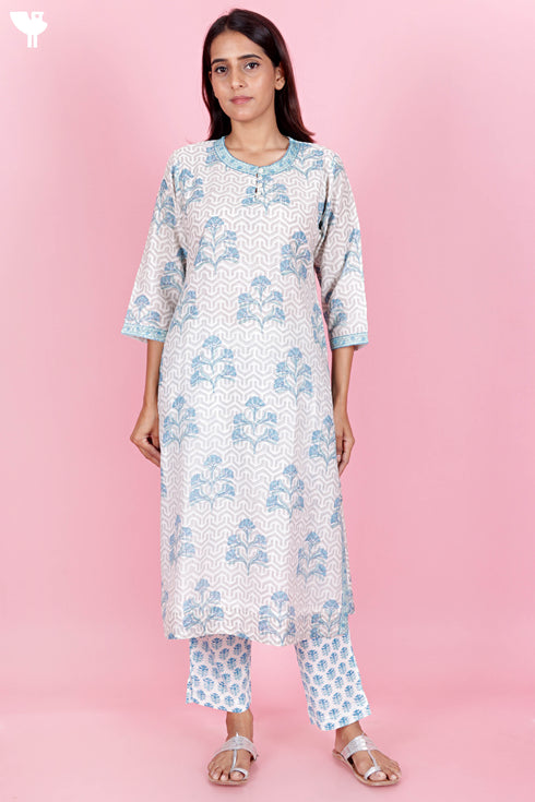 Chanderi Silk Kurta Pant And Dupatta Set In Block Print